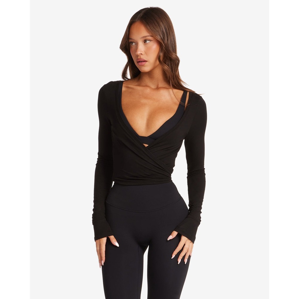 CSB Ballet Wrap Top XS Black Long Sleeve Tie Front Viscose Athleisure NWT Yoga